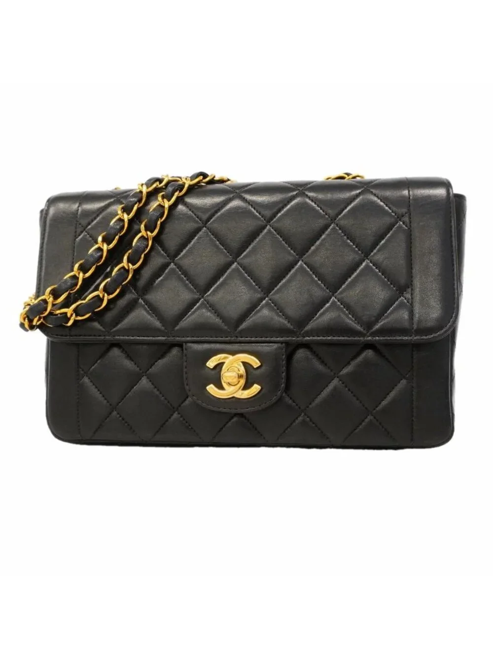 Chanel Shoulder Bag Quilted Lambskin Black Gold